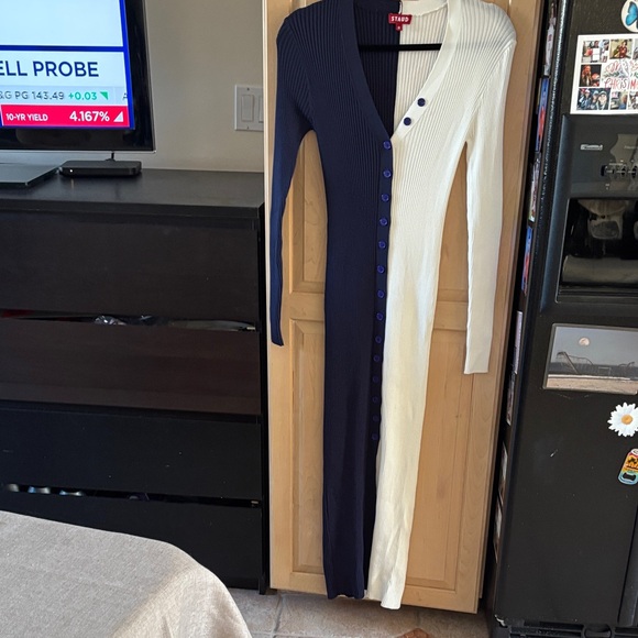 STAUD Navy White Shoko Color Block Long Sleeve Button Ribbed Dress-M - Picture 1 of 8